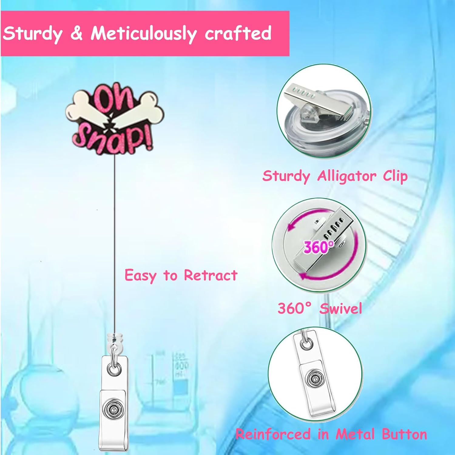 Oh Snap Ortho Badge Reel - Funny Broken Bone Badge Reel Holder Retractable with Swivel Alligator Clip Glitter Gift for Radiology X-Ray Tech Orthopedics Nurse CST - Image 2