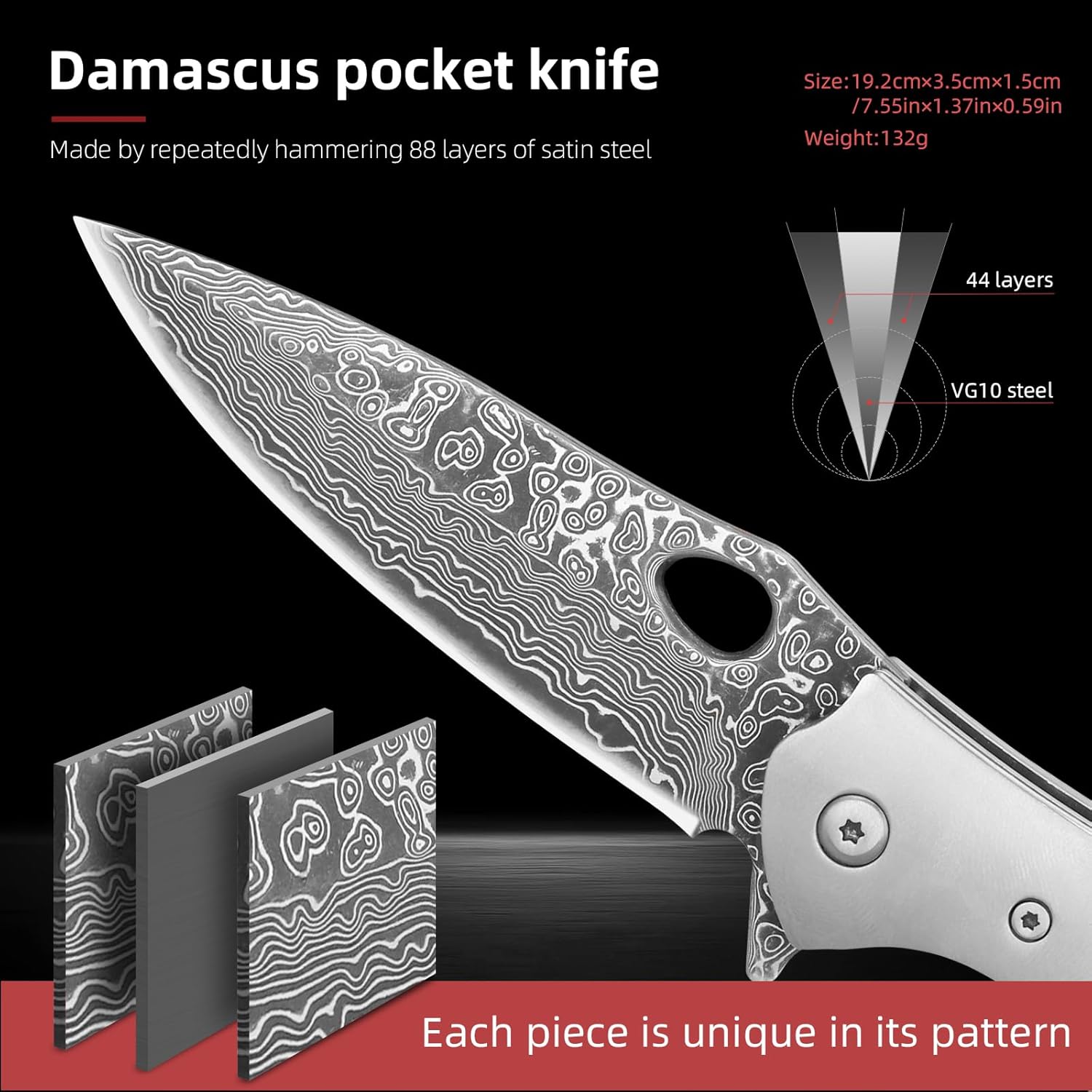Damascus Pocket Knife,2.95" VG10 Steel Blade, Folding Knife with natural abalone shells Non-Slip Handle, EDC Knife with Sheath,Camping,Survival,Hiking.Gifts for Women Men