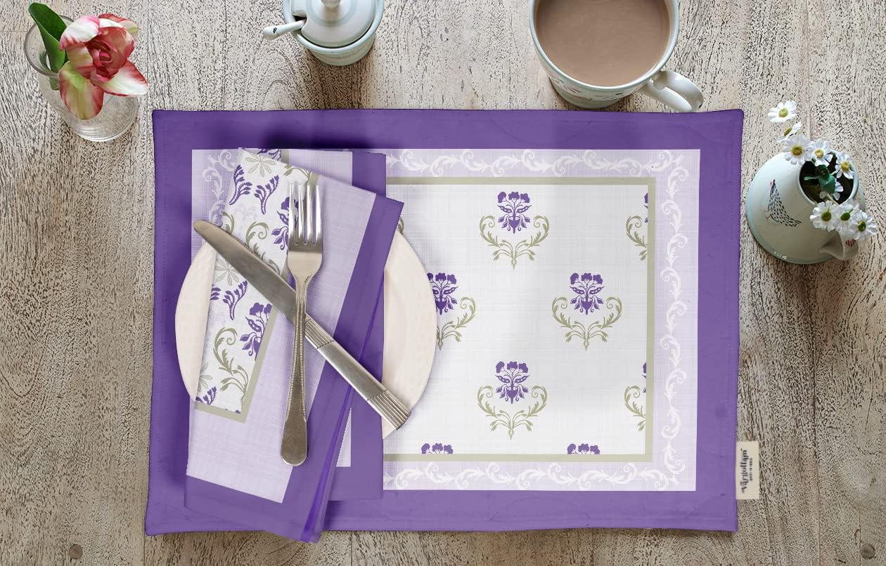 Placemats - Placemat for Dining Table, Set of 4- Printed & Reversible Cotton Napkin- Indoor Placemats for Home & Kitchen Dining Table- Asian (Purple)