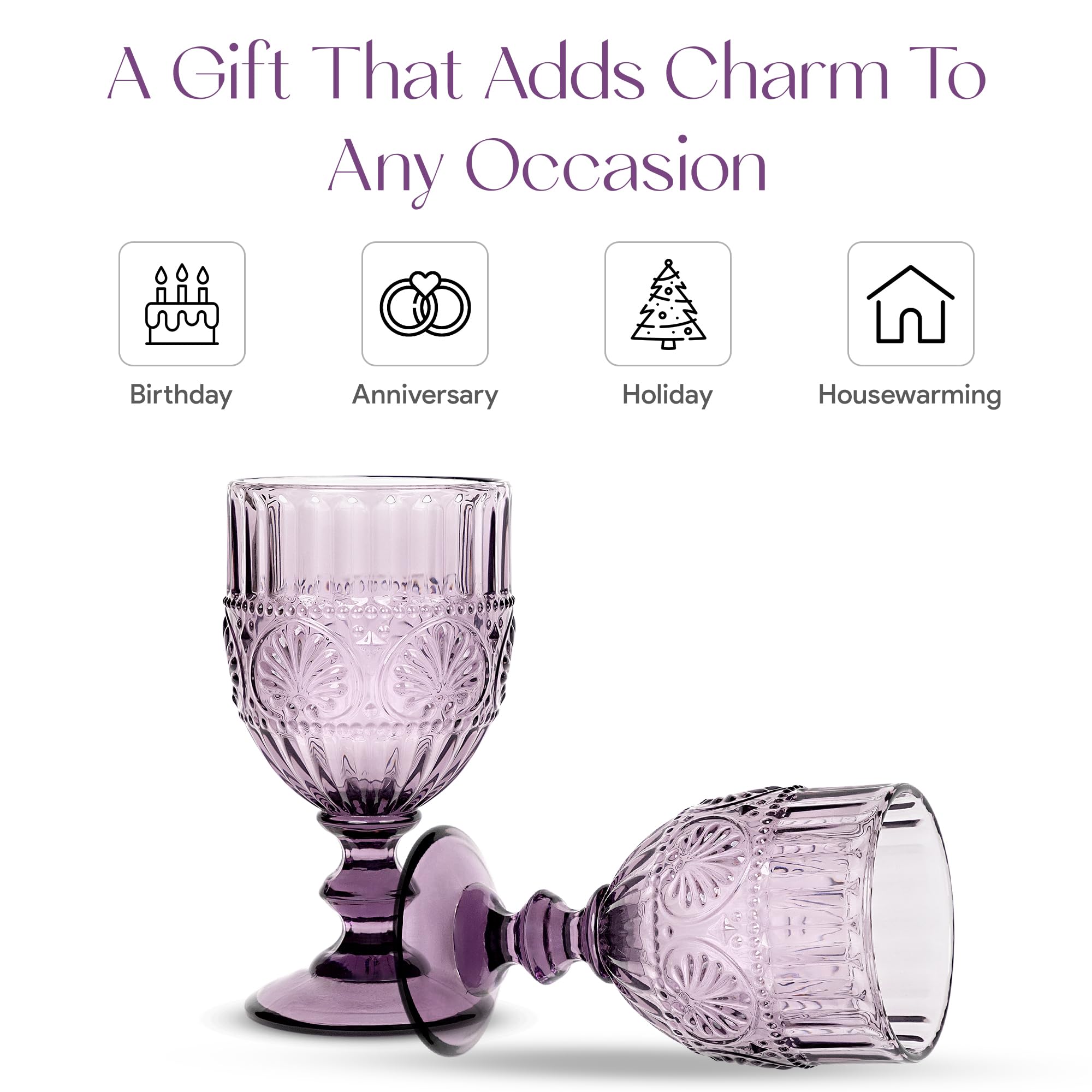 American Atelier Vintage Purple Wine Glasses | Set of 4 | Wine Goblets | Colored Vintage Style Glassware | Dishwasher Safe | Purple | 12-Ounce Capacity