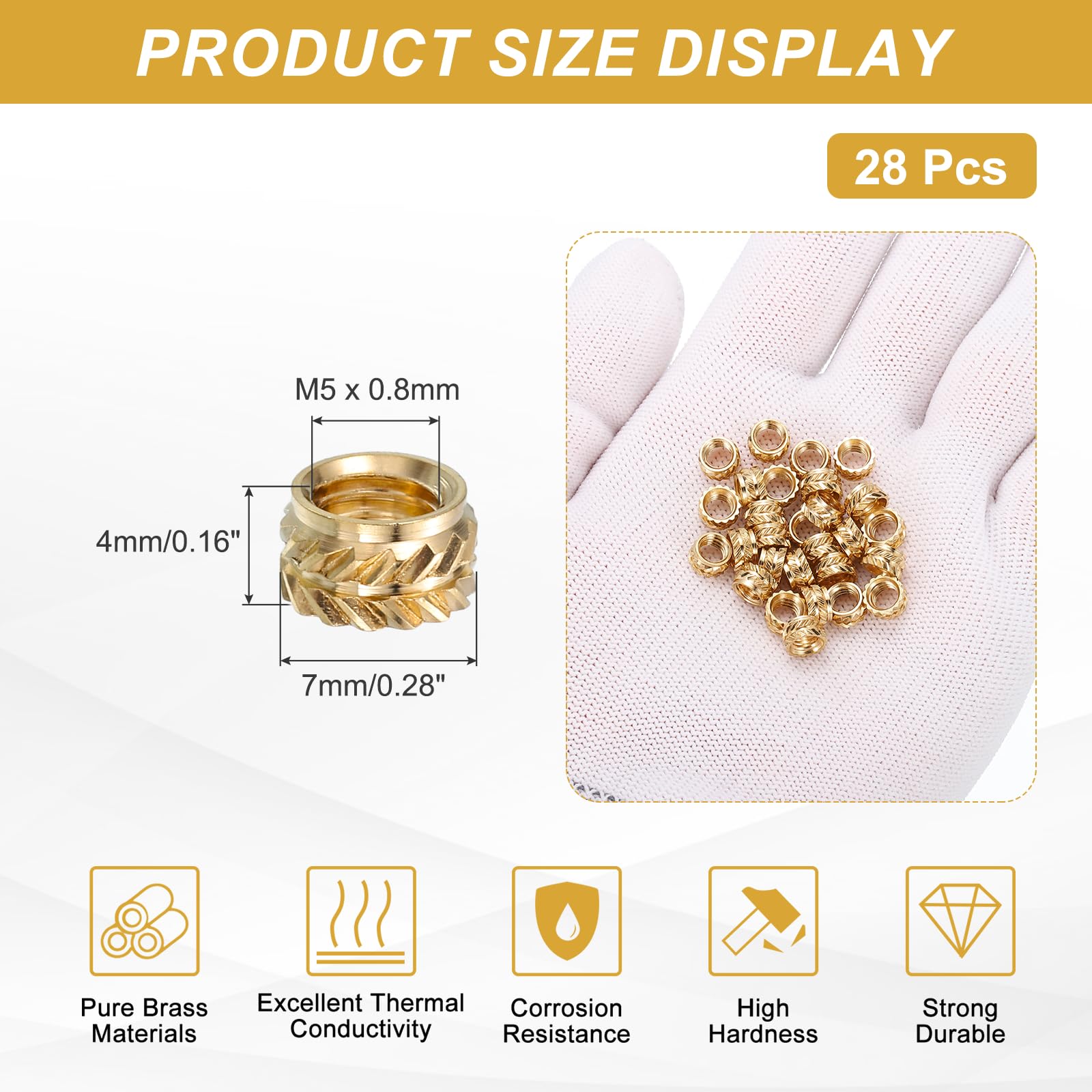QUARKZMAN 28Pz Inserti Filettati, M5 x 4mm L x 7mm OD Inserti Dadi in Ottone Puro Dadi Zigrinati Metrici Femmina per Fissaggio a Caldo Dado Incorporamento per Componenti Stampa 3D