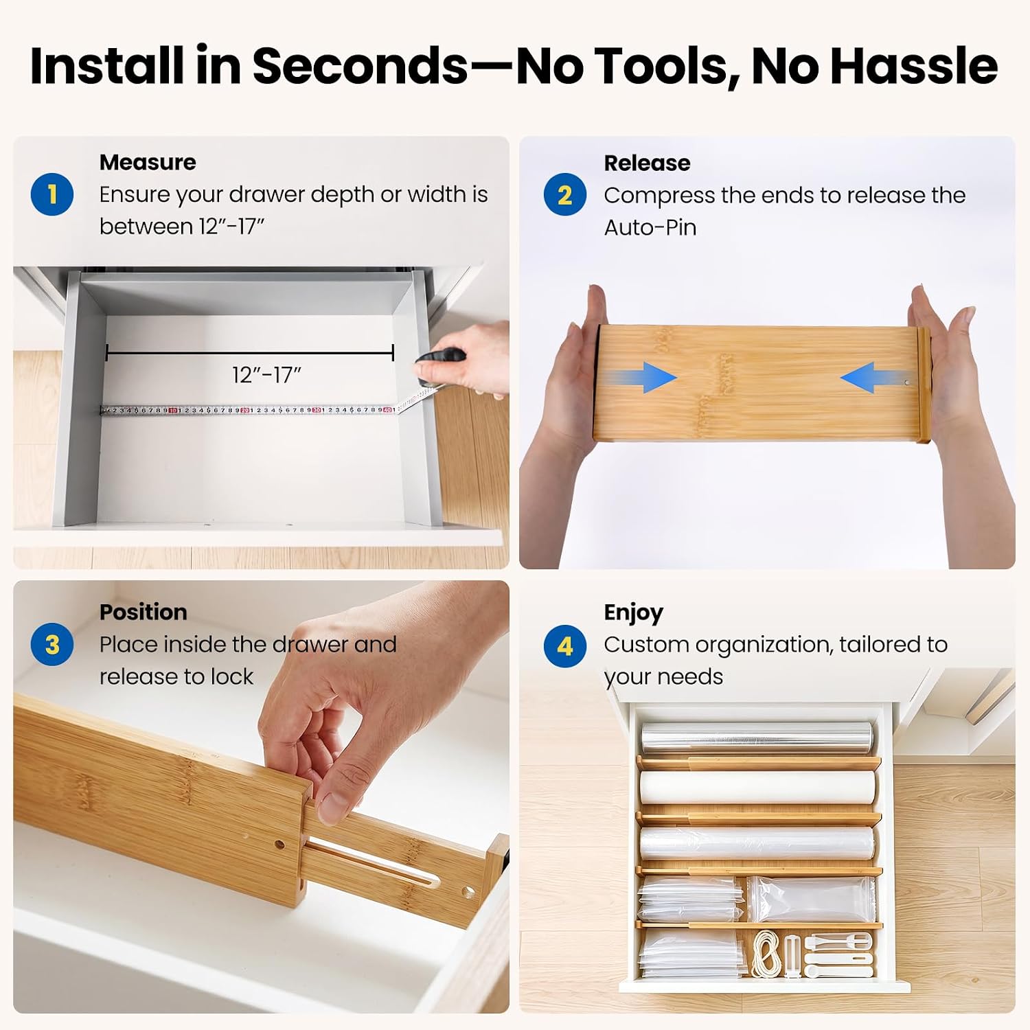 4 Pack 4" Deep Bamboo Drawer Dividers, 12-17" Expandable Kitchen Organizers