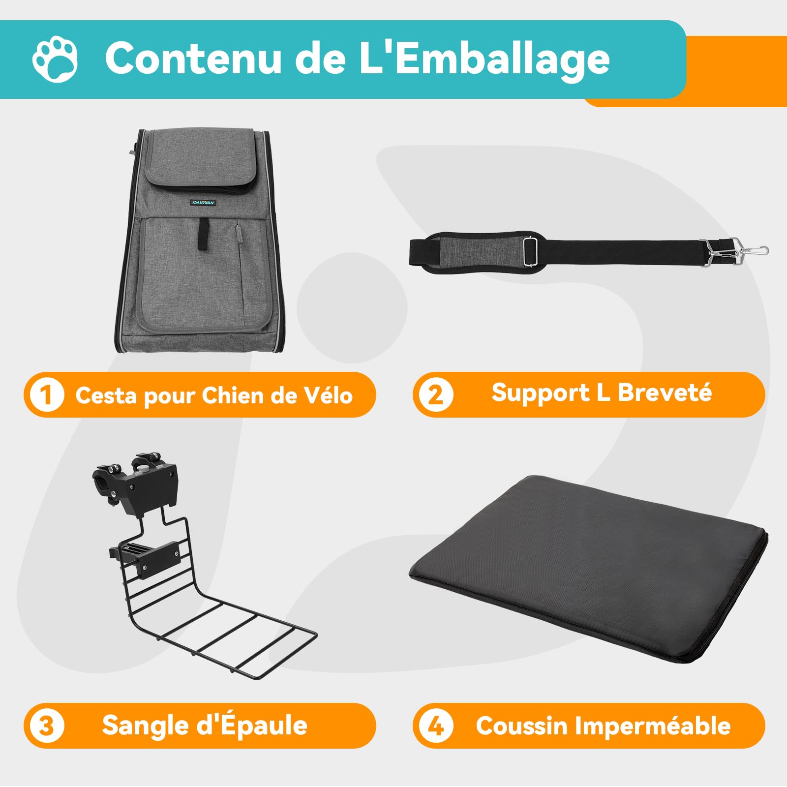 DAISTERN de BSWAY Panier Vélo Avant pour Chien Chat avec Support Ultra-Robuste en L Φ55mm, Sac de Transport 4 en 1 jusqu'à 9KG, Respirant, Bande Réfléchissante, Coussin Confortable Imperméable