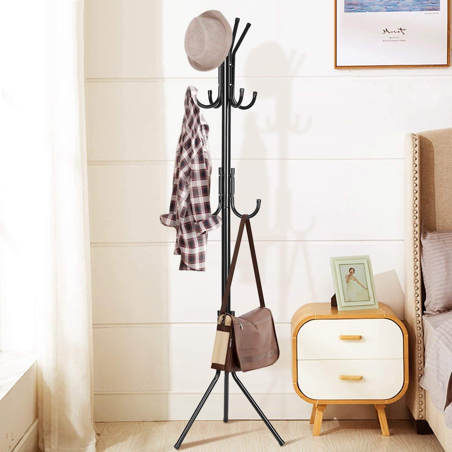 8 Hook Metal Coat Stand | Coat Hanger for Hanging Clothes,Hats,Bag,Umbrella,Towels |Tree Standing Coat Rack | Clothing Rack, Modern Coat Hanger Stand for Home, Bedroom,Office(Black), Cm
