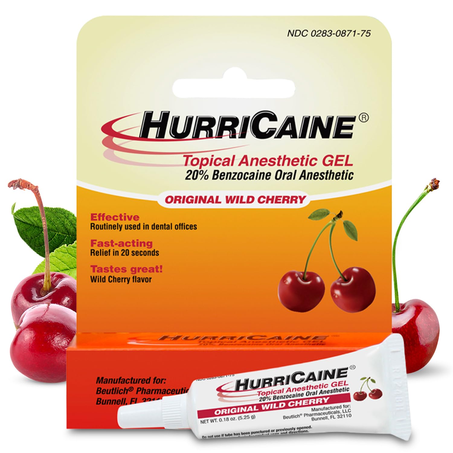 HurriCaine 20% Benzocaine Oral Pain Relief Gel, Wild Cherry, 5.25g Tube