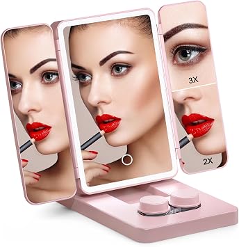 Rechargeable Trifold Travel Makeup Mirror with 76 LED Light - 2 in 1 Vanity Mirror with Foldable, 3 Way Mirror with Magnification, Adjustable Brightness, 3 Colors Modes and Eyeglass Cleaning Pink