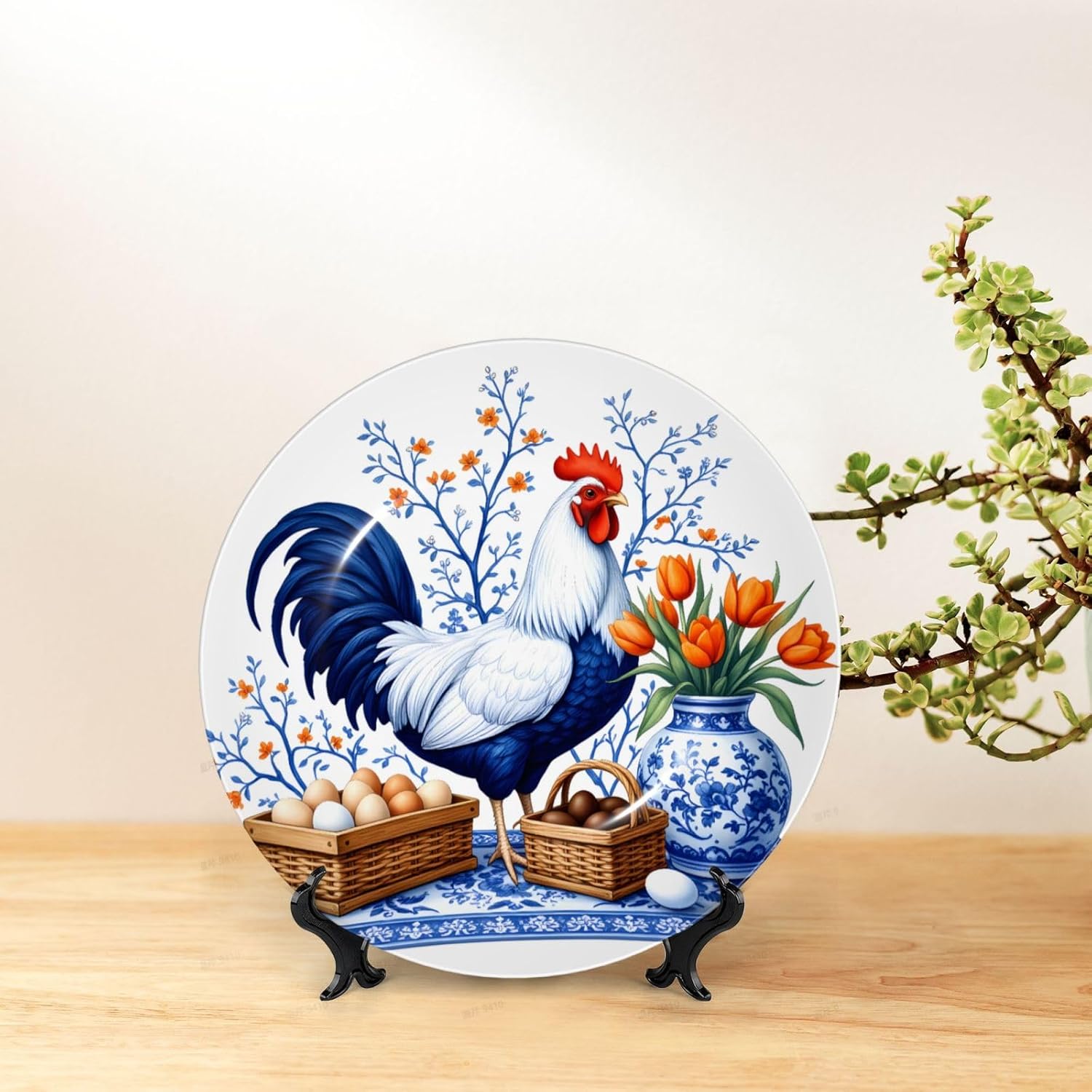 Egg Basket Rooster Vase Style Ceramic Plate Display Decorative Plate With Stand Wall Hanging Plate For Home Decor 10 Inch