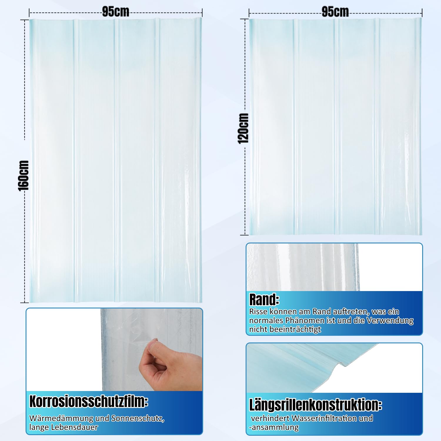 Blacha trapezowa, płyty faliste, przezroczyste, 90 x 120 cm, płyty FRP, 2 mm, płyty z blachy falistej na dach, płyty profilowe, trapezowe (3 sztuki)