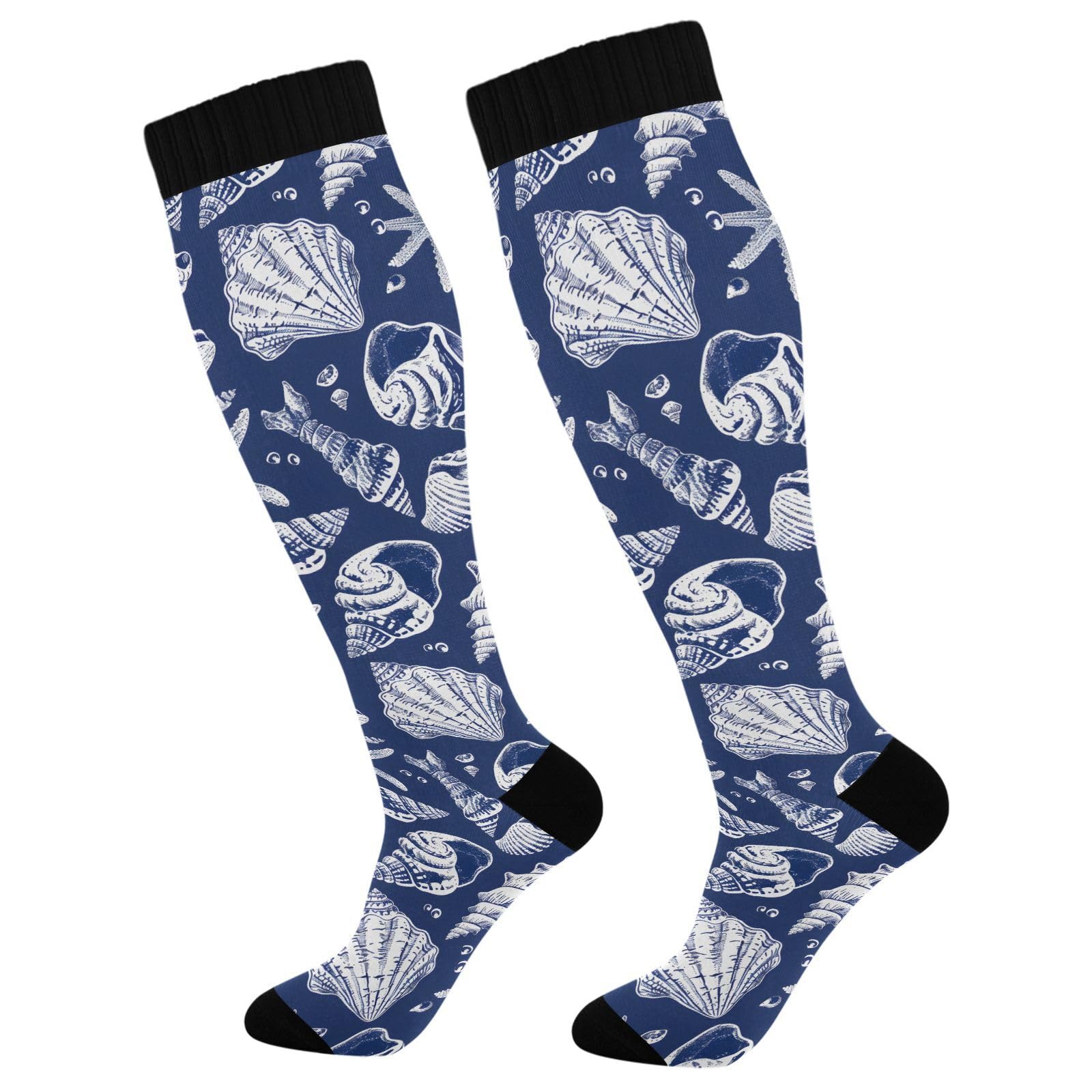 MFTJYO Shells Starfish Beach Blue Women's Compression Socks for Women Men Knee High Socks Long Circulation for Athletic Running