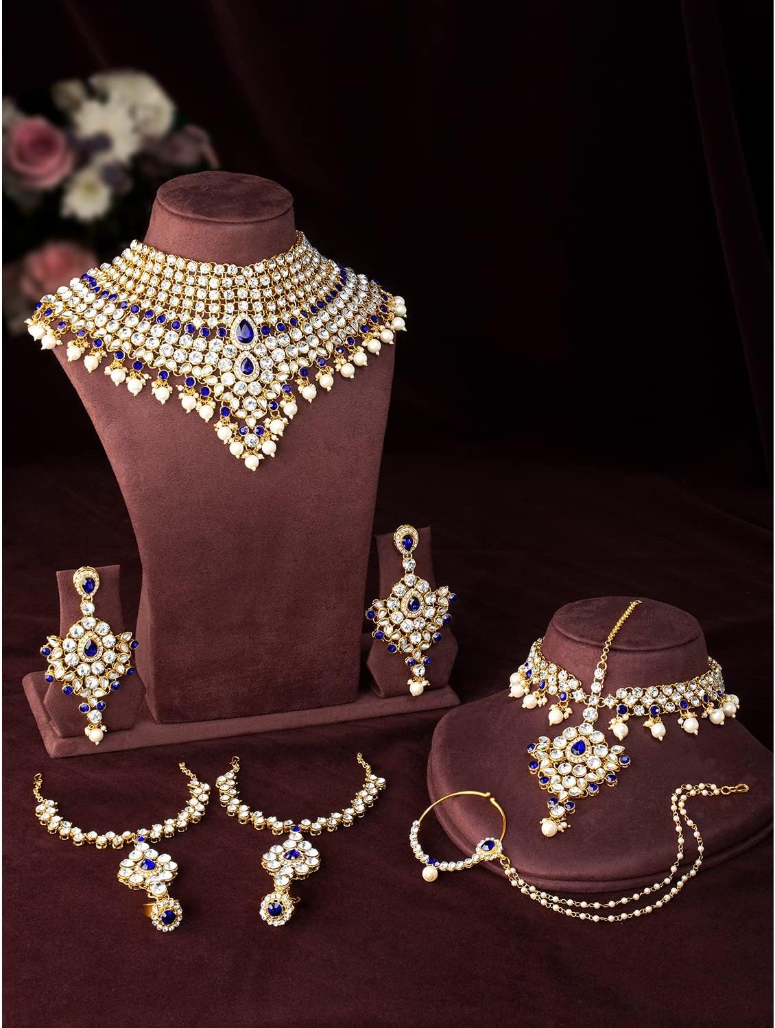 Aheli Bollywood Style Indian Bridal Choker Necklace Matha Patti Nose Ring Haath Phool Wedding Fashion Bharatanatyam jewellery set Gift for Women