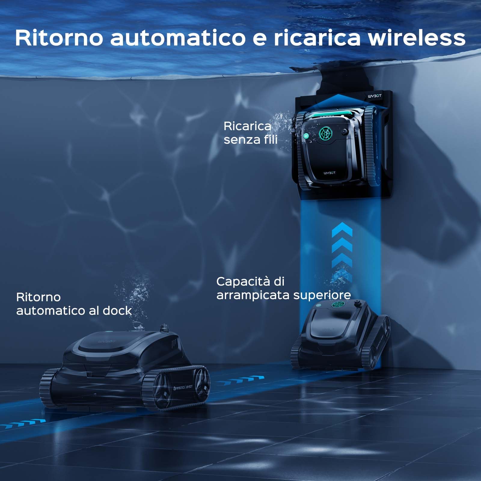WYBOT S2 Solar Robot Piscina Cordless, 7 Modalità e 7 Vie, Ritorno Automatico E Ricarica, 2,5 Ore Di Autonomia, Doppia Filtrazione, Controllo App, Copre 300 m² (Nero)