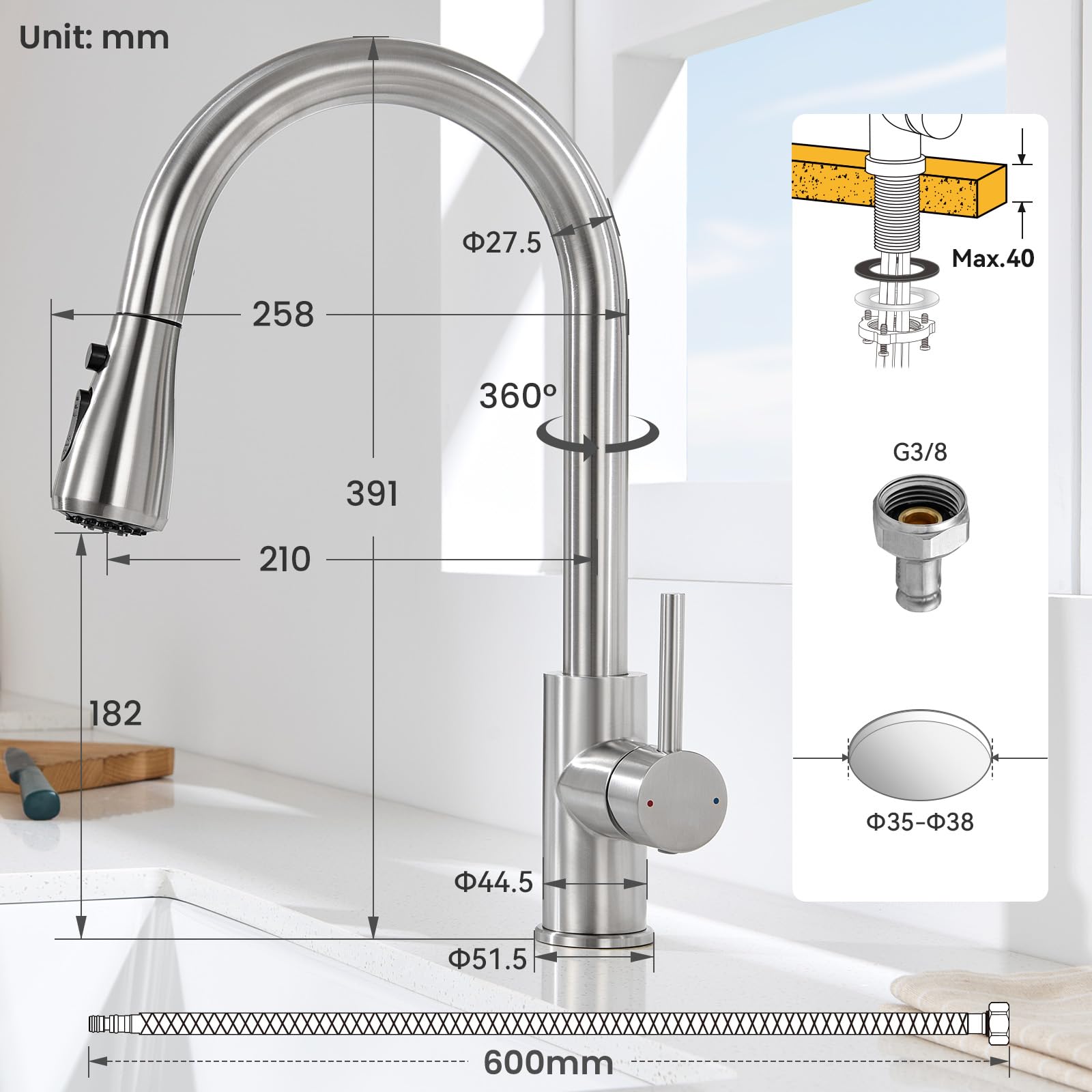 CECIPA 70x45 cm Lavello Cucina con Arco Rubinetto Cucina Estraibile, Lavandino Cucina 1 Vasca in Acciaio Inox con cestello scolapiatti, per Mobile da 70cm