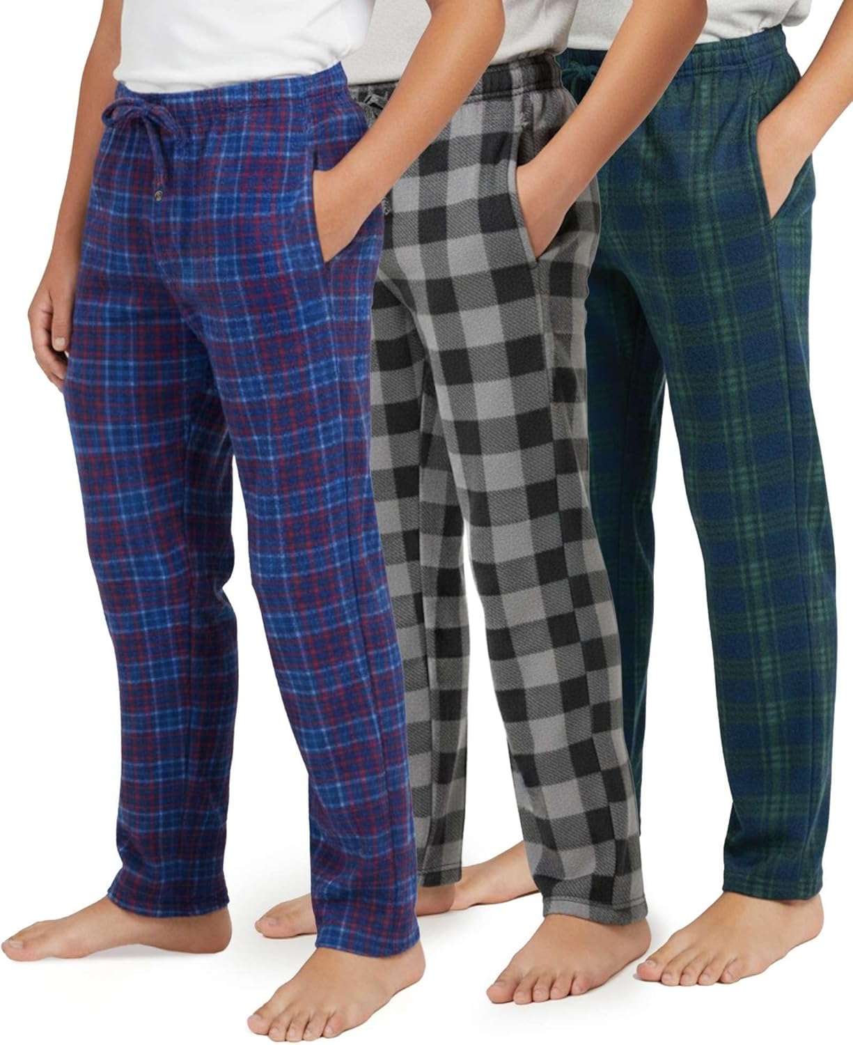 Real Essentials 3 Pack: Boys' Fleece Pajama Pants Soft PJ Bottoms for Kids Youth Teens Sleepwear (Ages 5-18)