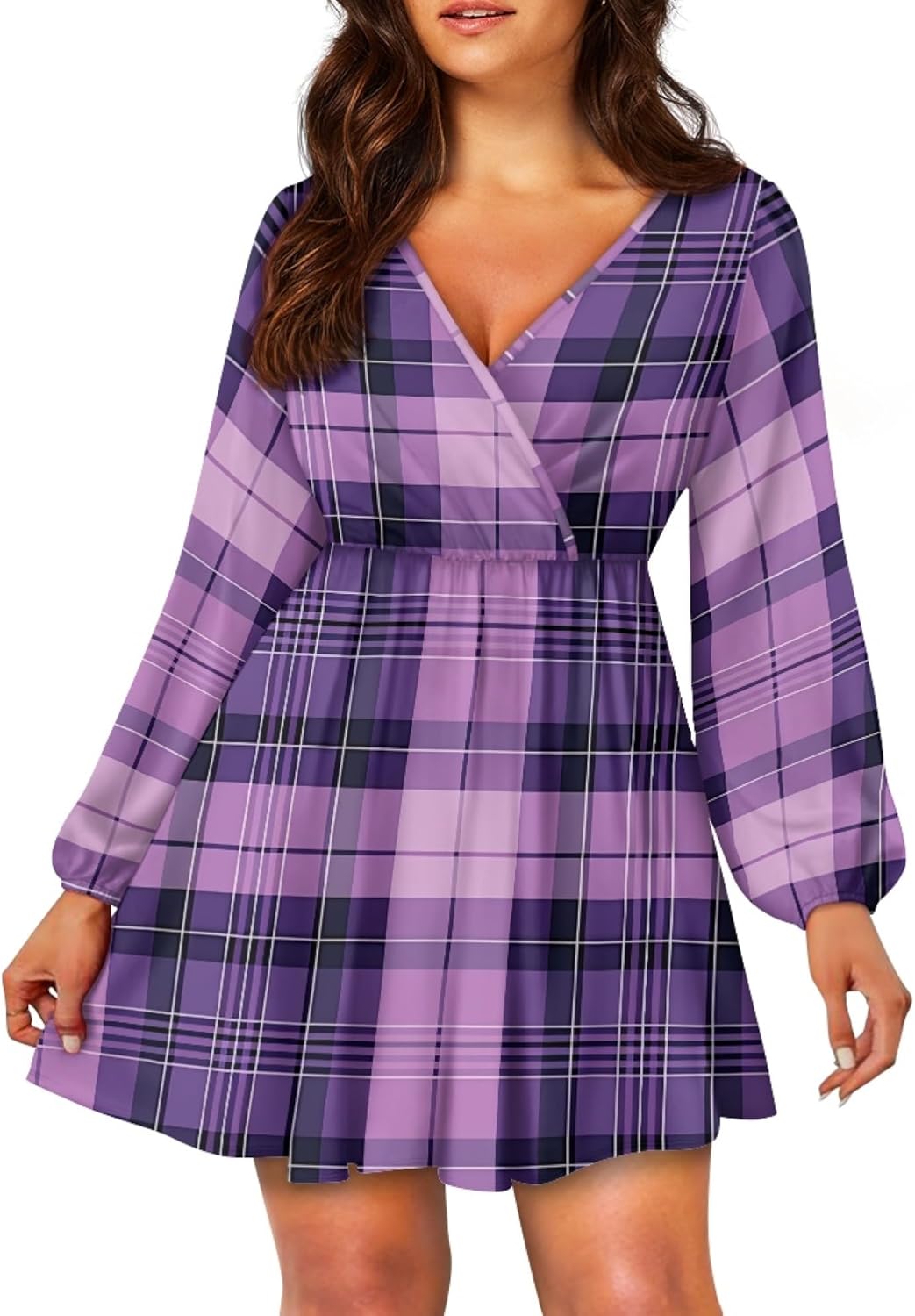 Lantern Sleeve Dress for Women Floral 2025 Fashion Empire Waist Swing Flowy Ruffle V Neck A Line Holiday Mini Dress