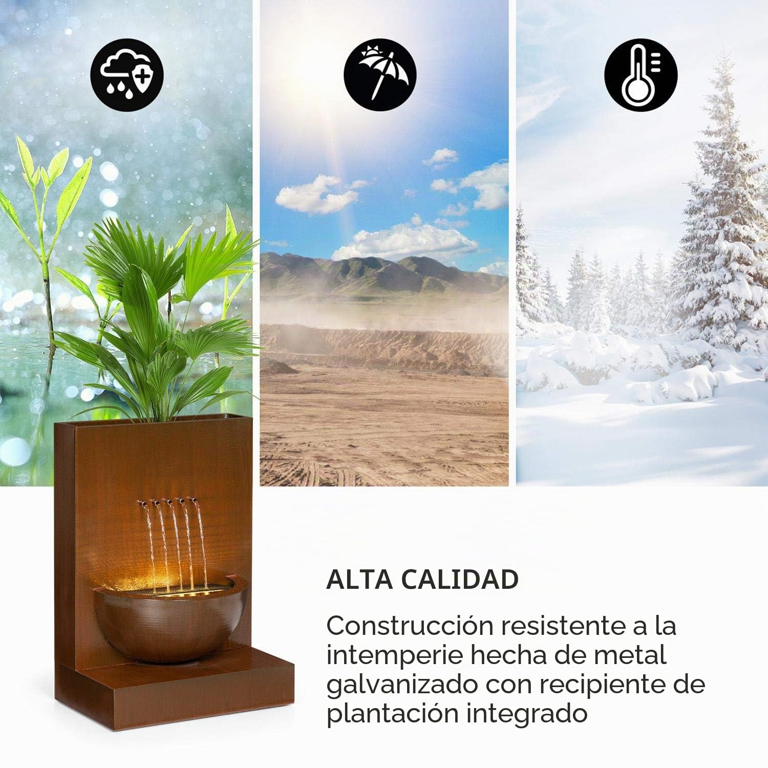 Blumfeldt Windflower Fuente para jardín - 11 W de Potencia, Incluye Cuenco para Plantas, para Dentro y Fuera, Caudal: 750 l/h, Iluminación LED, Metal galvanizado, Marrón