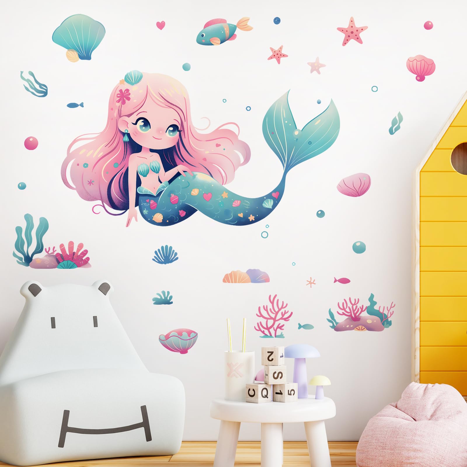 RoyoLam Girl Mermaid Wall Decals Removable Under The Sea Theme Vinyl Stickers for Kids Bedroom Nursery and Playroom Decor Peel and Stick Fairy Tale