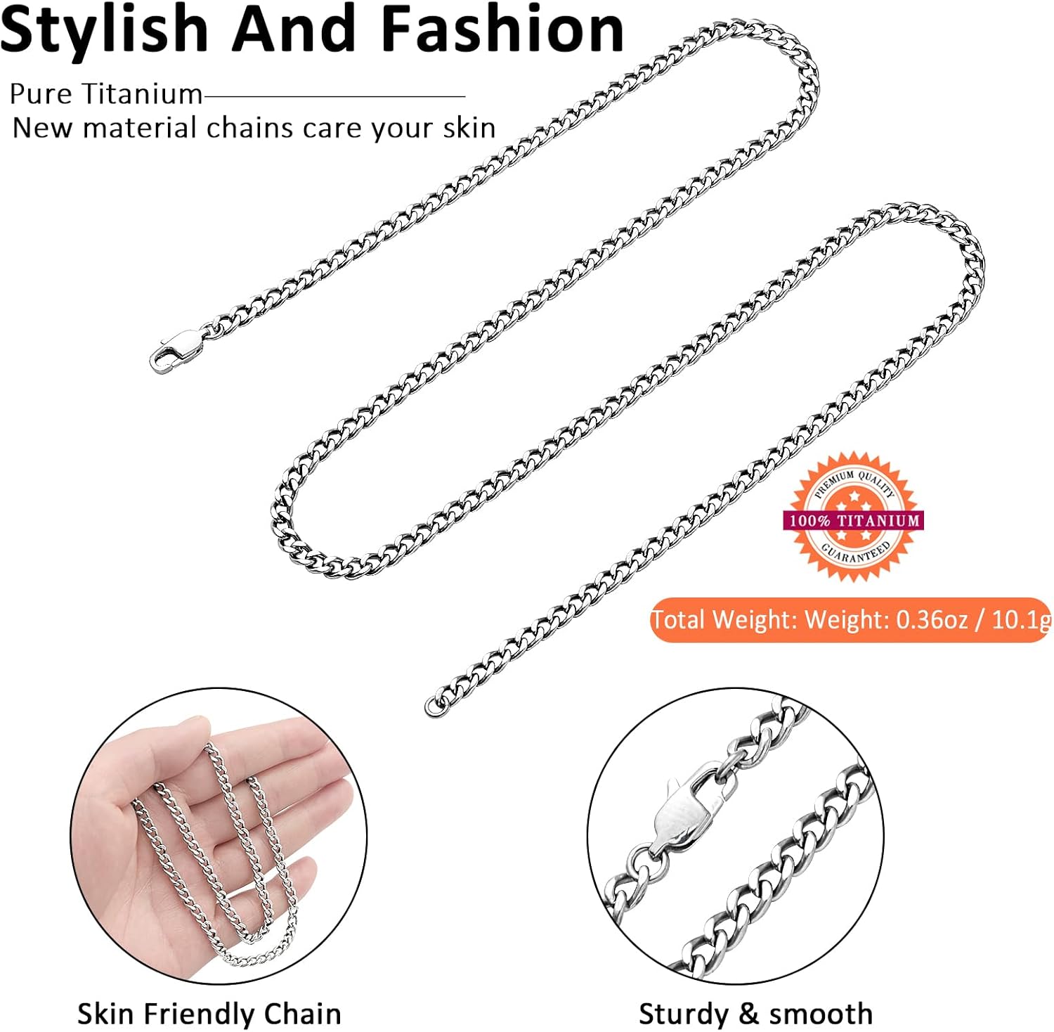 SanThree 4.5mm Pure Titanium Cuban Link Chain Necklaces for Men, Hand Polished Skin Friendly Shinny Solid Titanium Curb Twist Chain Necklace for Women Sensitive Skin Valentines Birthday Gifts - Image 4