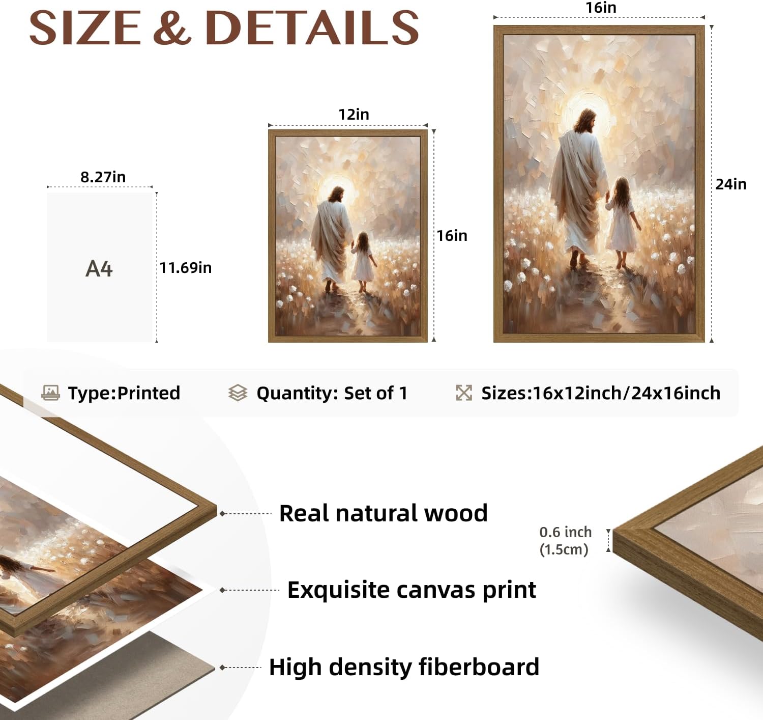 PORENY Jesus and Little Girl Walking Wall Art, Inspirational Christian Faith Decor, Jesus Christ Canvas Painting, Warm Flower Field Religious Artwork for Kids Room Church Wood Framed 12x16 Inch