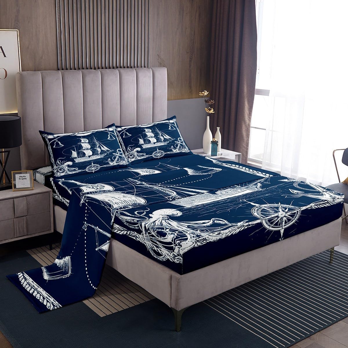Amazon.com: Ocean Retro Sailboat Bed Sheets Octopus Tentacles Ship ...