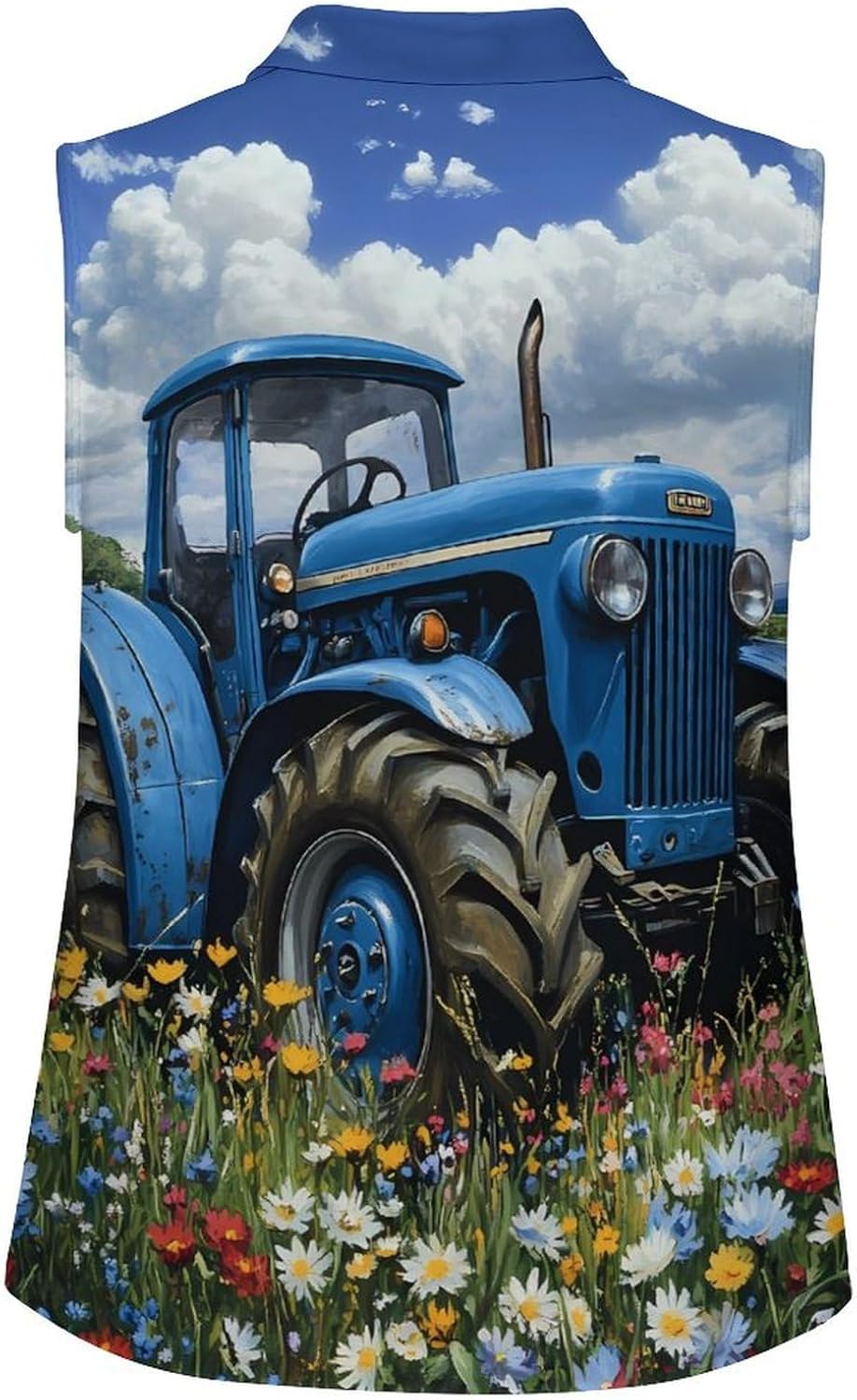 Blue Tractor Farm Flower Womens Golf Shirts Print Polo Shirt Sleeveless Tank Top Casual Work Blouses