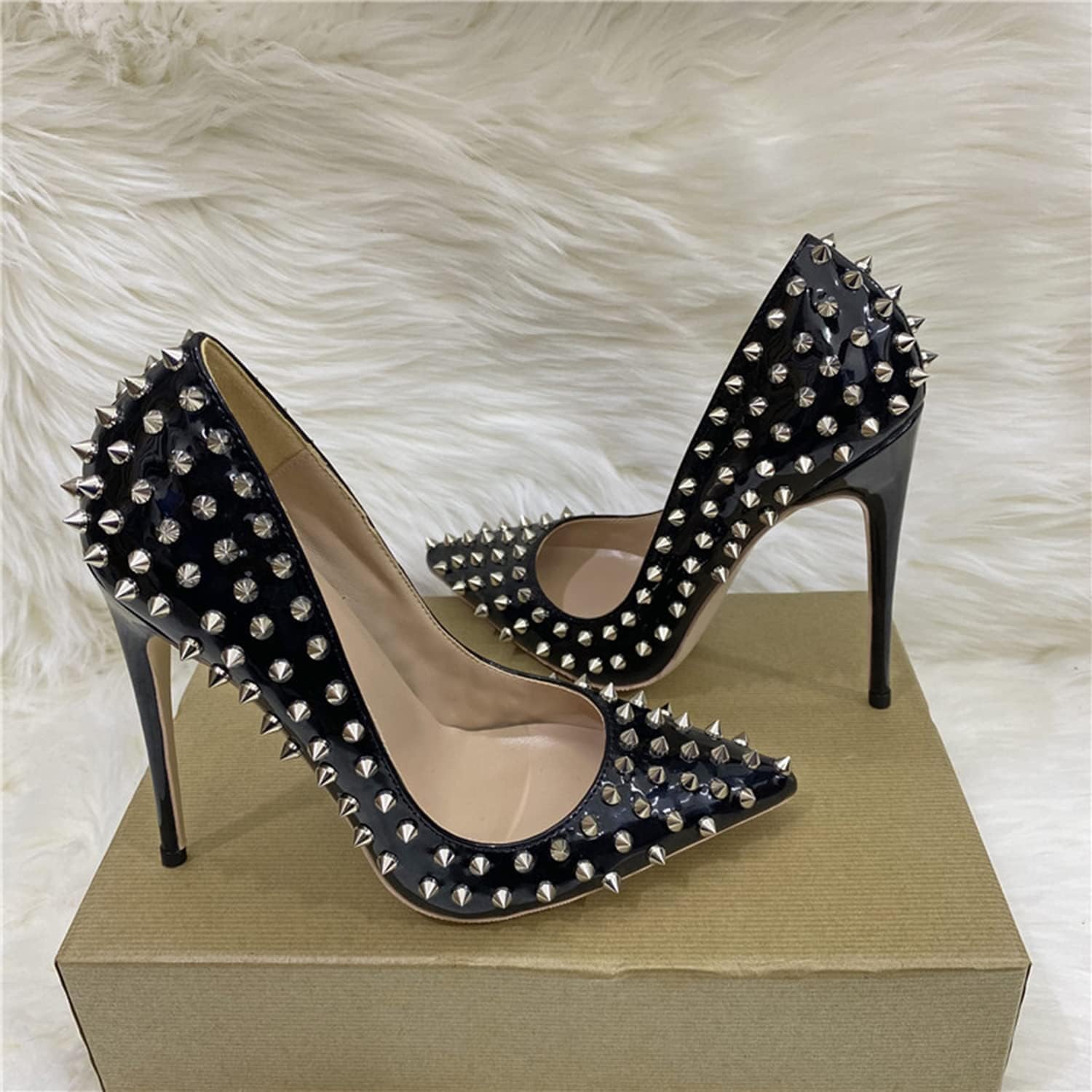 Tacchi alti a punta borchiati da donna con tacco a spillo da 4,7 pollici borchiati slip on abito da sposa scarpe da sera pelle/Black/39EU
