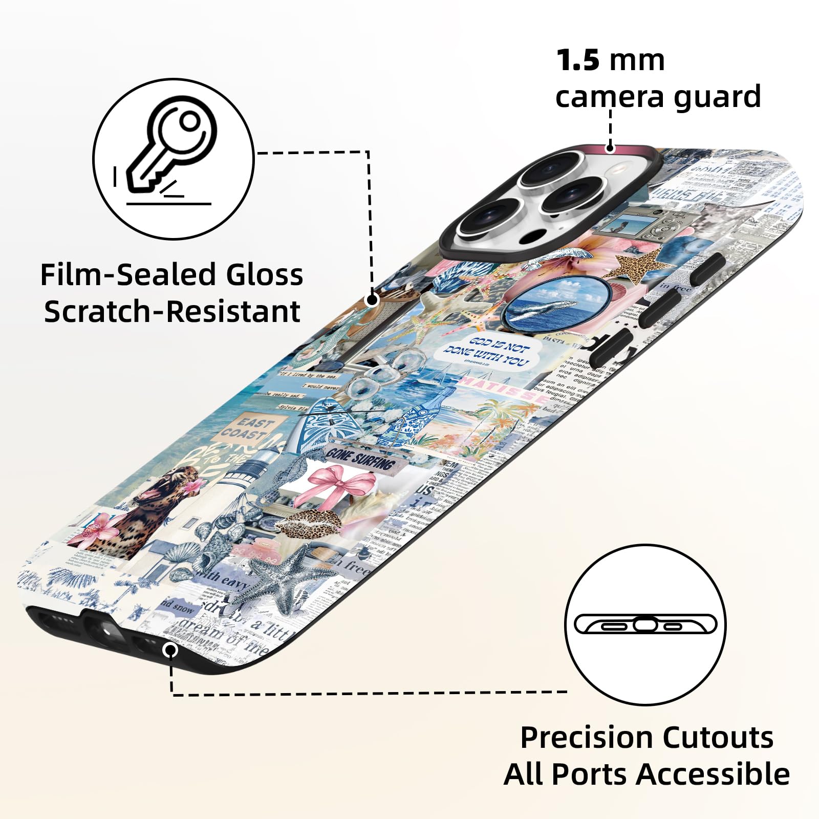 Lumen etui na iPhone'a 15 Pro, ochrona przed upadkiem klasy wojskowej, kompatybilne z MagSafe, Coastal Collage Ocean pokrowiec ochronny TPU z ochroną aparatu dla kobiet i dziewcząt - Noel