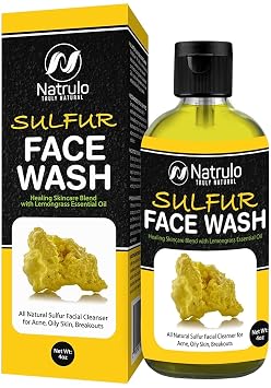 Sulfur Face Wash for Acne All Natural Sulfur Facial Cleanser for Oily Skin, Breakouts Healing Skincare Blend with Lemongrass Essential Oil 4oz Mattifying Cleansing Soap Liquid, Made in USA