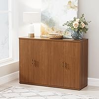 Yechen Walnut Fluted Sideboard Buffet Cabinet - 4-Door Modern Credenza with Adjustable Shelves, Storage for Living Room, Dining, Kitchen