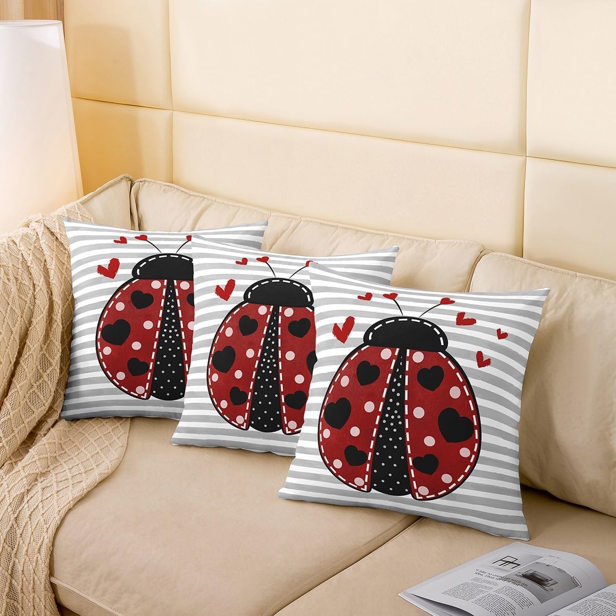 Homewish Cute Ladybug Pillow Covers 18x18 Inch Set of 2 Cartoon Lovely Wild Creature Pillow Cases for Kids Teens Adults Romantic Red Black Hearts Graffiti Cushion Covers for Housewarming Chairs image 4