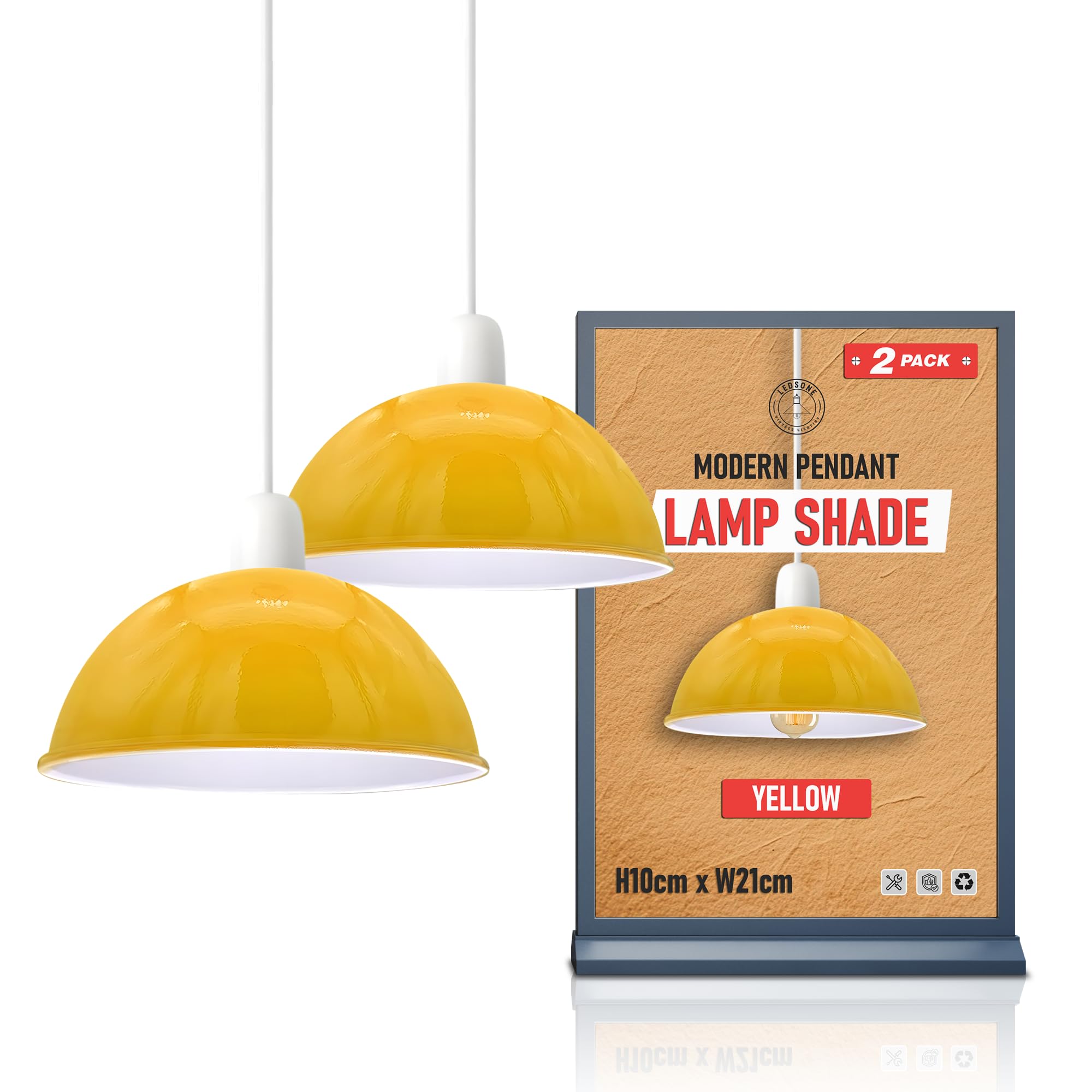 Ledsone Yellow 2 Pack Easy Fit Light Shade, Vintage 2 Pack Of Metal 21Cm Dome Shaped Ceiling Light Shade Pendant Light Lampshade For Living Rooms Bedrooms Kitchen Dining Room Restaurant Cafe