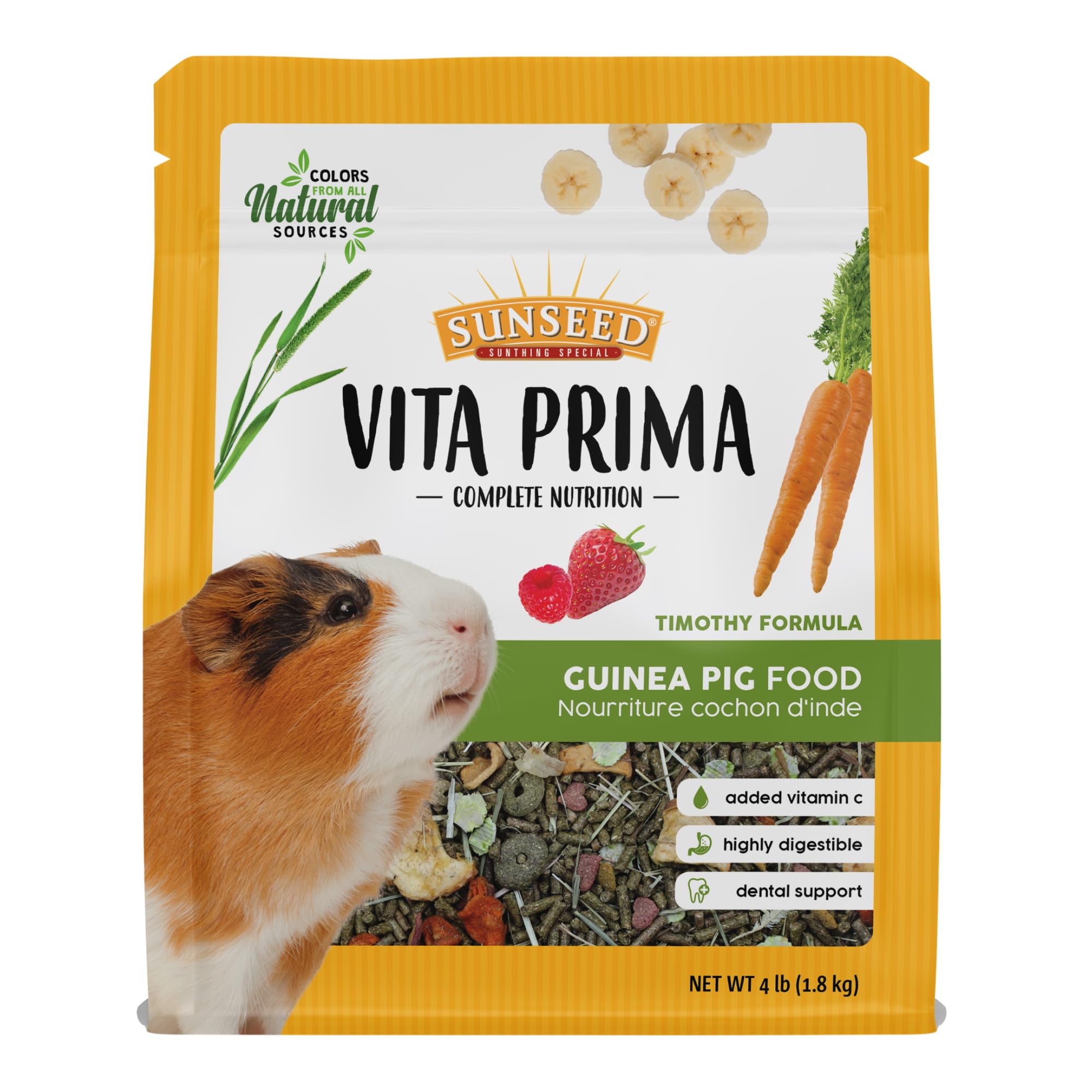 Vita Prima Guinea Pig Food 4 lbs. with Timothy Hay, Alfalfa, Vegetables, Seeds Grains, and Added Vitamin C for Wholesome Daily Nutrition and Enriched Small Animal Diet