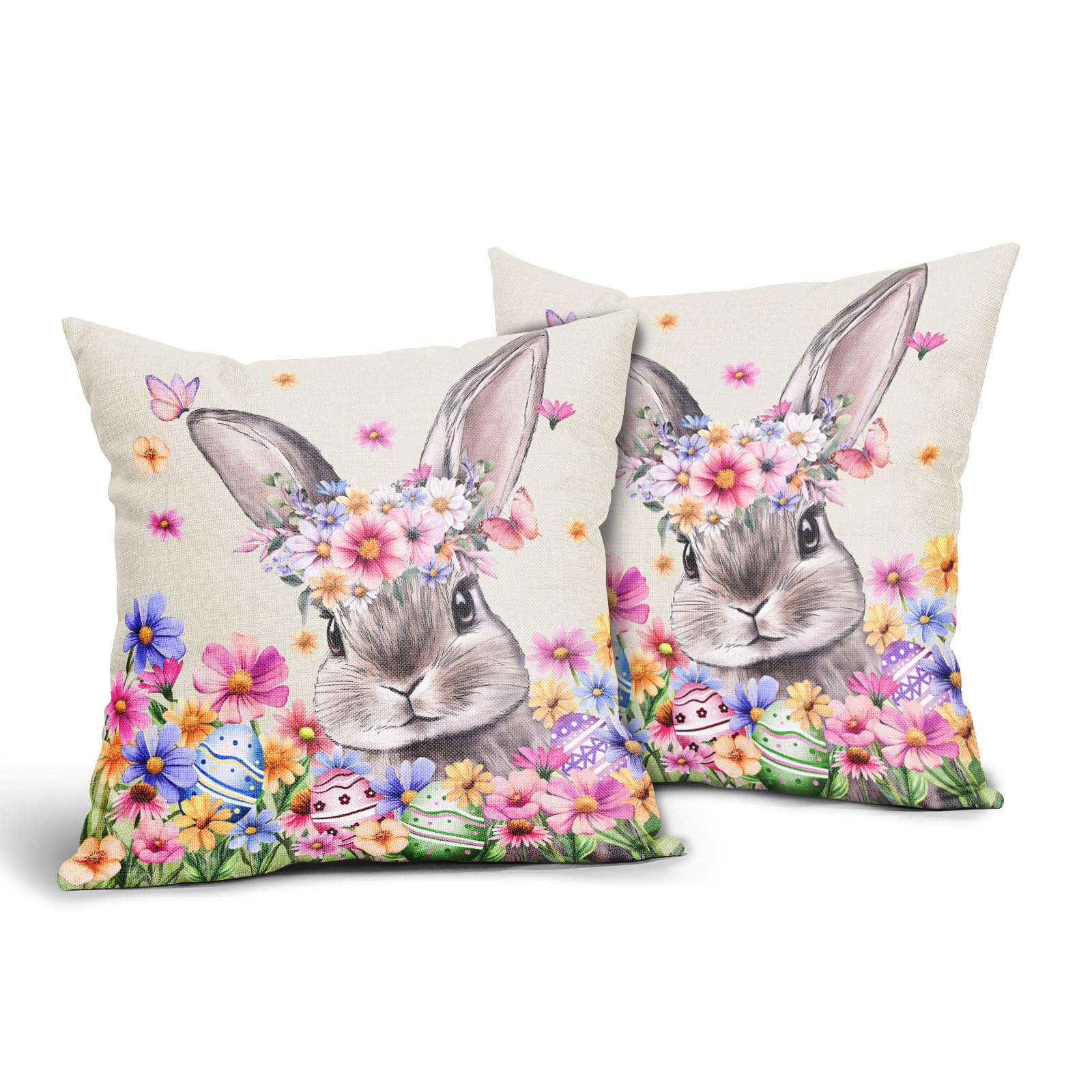 Easter Pillow Covers 16x16 Inch Set of 2 Rabbit Bunny Eggs Watercolor Pink Blue Floral Easter Themed Cotton Linen Decorative Throw Pillow Case Cushion Cover for Bedroom Sofa Living Room Couch Chair