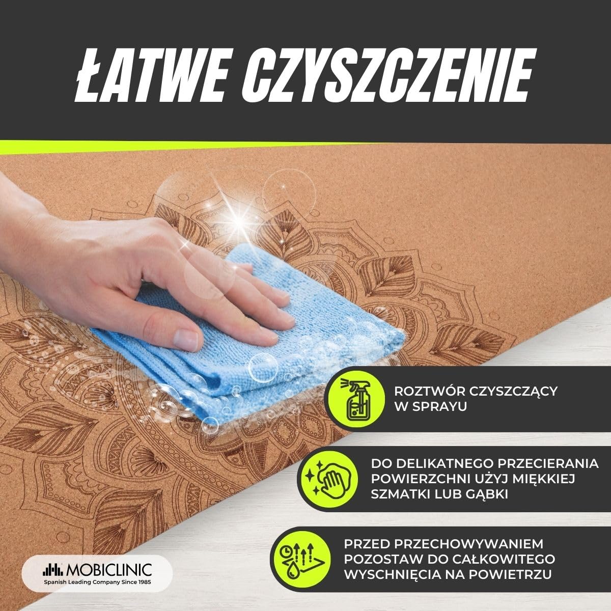 Mobiclinic®, Mata do jogi z naturalnego korka, Antypoślizgowa, Torba transportowa, Antybakteryjna, Grubość 4 mm, Tpe w 100% recyklingu, 183x61cm, Wzór mandali, Ey-02, Joga, Pilates, Fitness