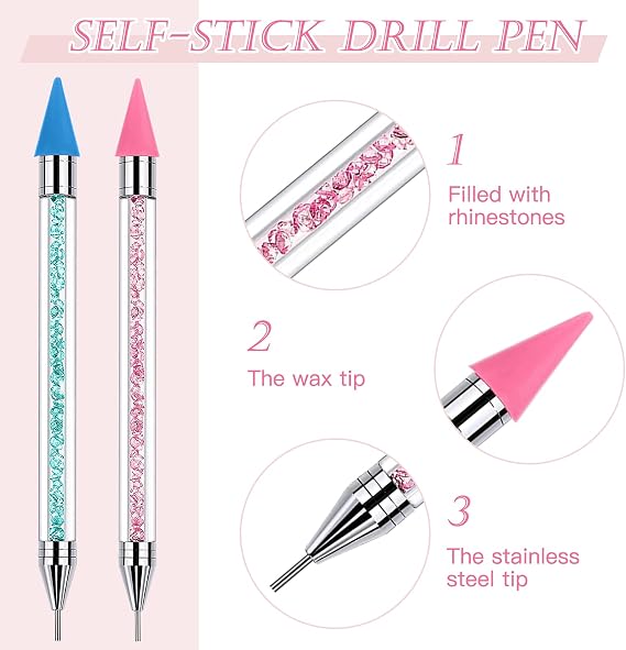2 PCS Diamond Art Pens, No Wax Needed Self-Stick Drill Pens for DIY Crafts Painting, Cross-Stitch, Nail Art (Pink+Blue)
