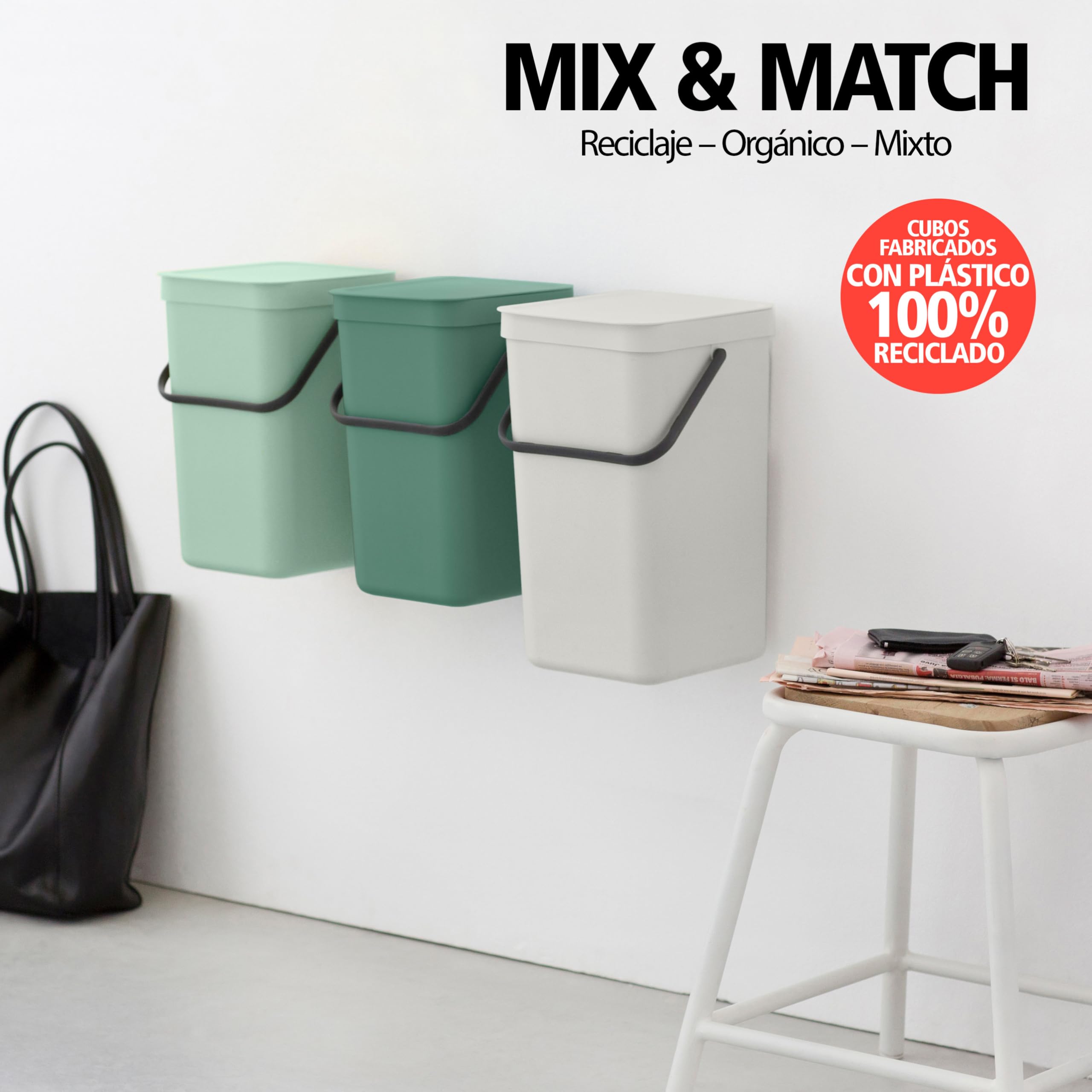Brabantia Sort & Go 16L Cubo de basura (gris claro), cubo basura reciclaje con asa y tapa con posición abierta, papelera cocina para reciclaje con diseño multi-talento, fácil de limpiar