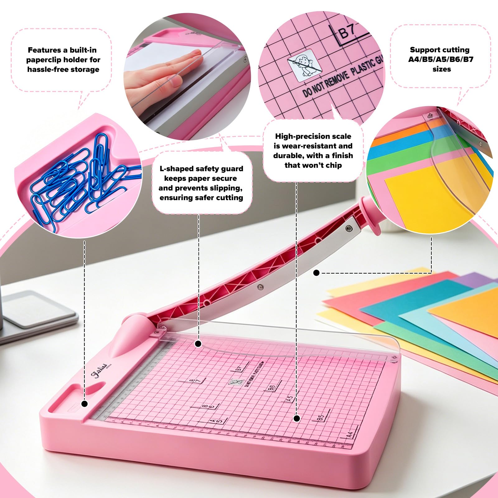 Papierschneider A4 (mit 5 Ordnern,12 Blatt,Schneidleistung A4/B5/A5/B6/B7) Hebelschneider Papierschneidemaschine Paper Cutter Geeignete Materialien Sind Dünne Bleche Leder Fotos (Rosa, A4)