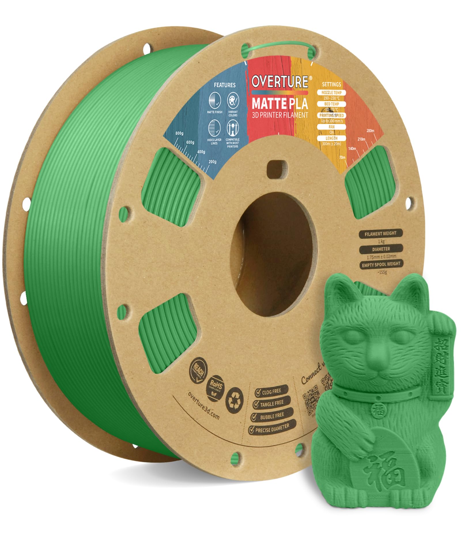 OVERTURE PLA Matte 3D Printer Filament 1.75mm, Matte PLA 1kg Cardboard Spool (2.2lbs), Dimensional Accuracy +/- 0.02 mm (Matte Green)