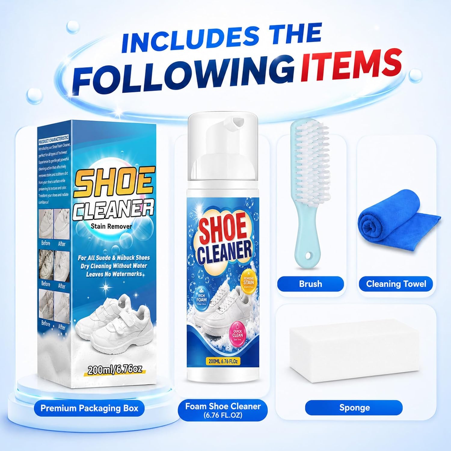 Shoe Cleaner 6.76 fl oz (200ml) – Sneaker Cleaner Foam, Shoe Cleaning Kit with Brush & Towel, White Shoe Cleaner for Stains & Dirt, Safe for Leather, Canvas, Mesh & Rubber Sneakers