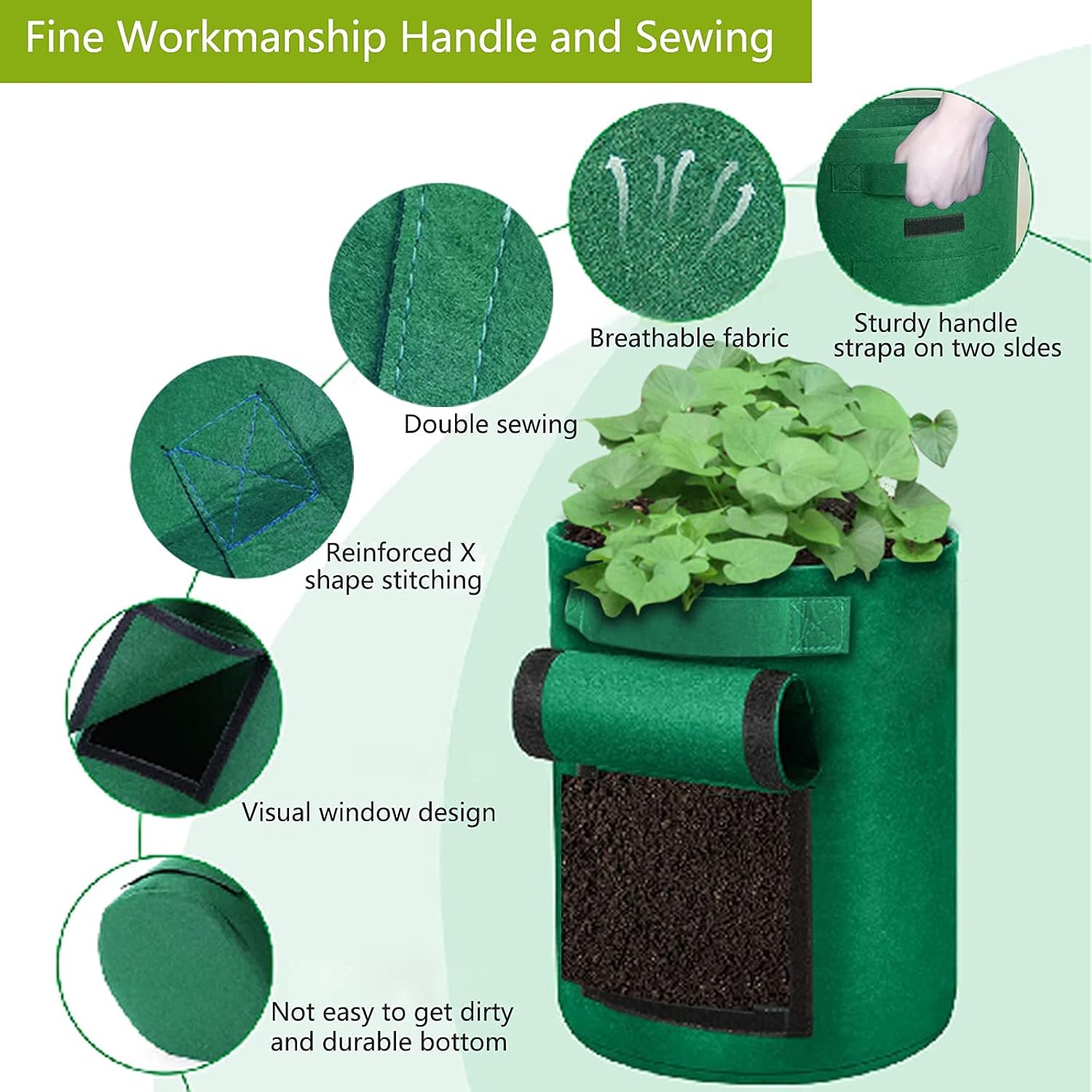 10 Gallon Grow Bags, 5Pack Potato Grow Bags with 2 Side Windows, Breathable Nonwoven Plant Bags with 2 Sturdy Handles, Garden Bags to Grow Vegetables Flower Fruit, Tomato Chili Onions Corn Etc (Green) : Patio, Lawn & Garden