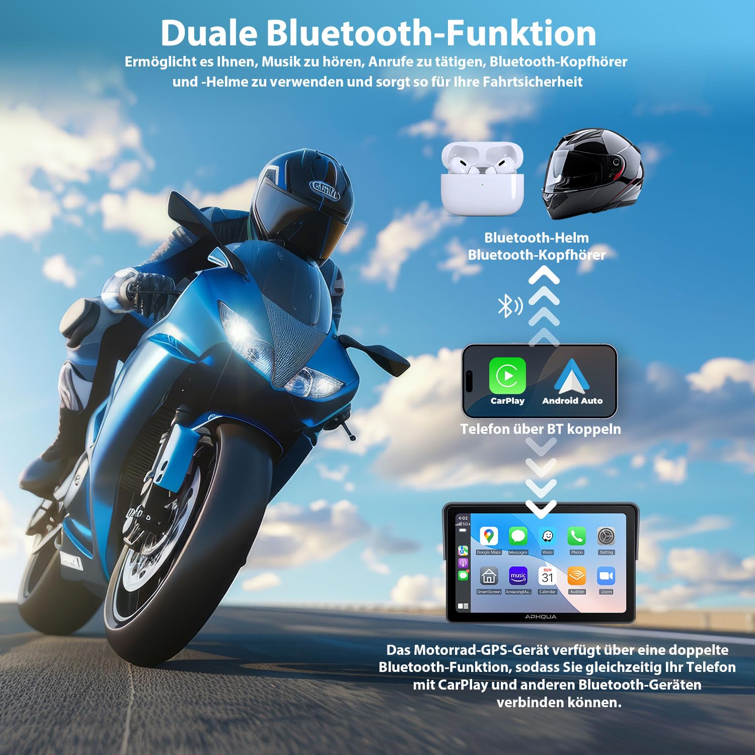 Motorrad Carplay Display 7 Zoll IP67 Wasserdichter Touchscreen, Tragbares CarPlay und Android Auto für Motorrad, unterstützt Bluetooth Trans, GPS-Navigation, Siri – 722