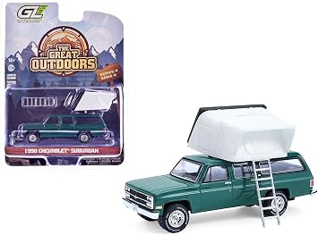 1990 Suburban Green with Modern Rooftop Camper The Great Outdoors Series 4 1/64 Diecast Model Car by Greenlight 38080E