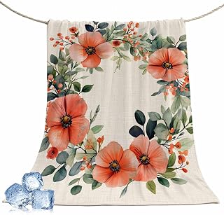 Vandarllin Cooling Blanket Vintage Floral Summer Ice Throw Blanket for Hot Sleepers Night Sweats Watercolor Flower Leaves Wreath Lightweight Cozy Thin Blanket,30 X 40 inch, Fire Orange