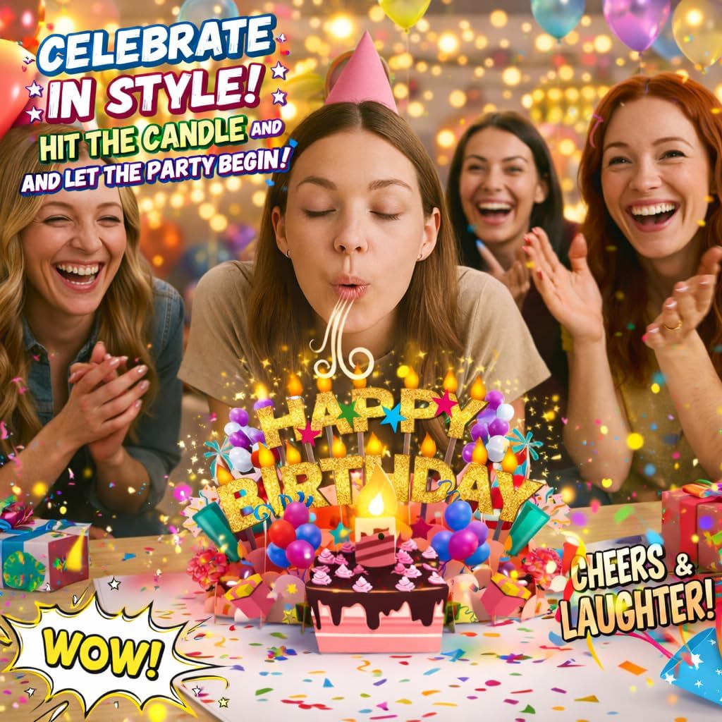 Lupow 3D Pop Up Musical Birthday Cards with Lights & Blowable LED Light Candle – Interactive Singing Happy Postcards Birthday Decorations Greeting Cards Birthday Cards for Women, Men, Mom, Wife, Husband, Boy, Girl - Image 2