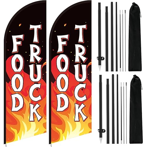 FuWeave 2 Pcs Black Food Truck Advertising Swooper Flag Banner 8.2ft Feather Flags with Pole Advertising Feather Banners Sign for Business Store