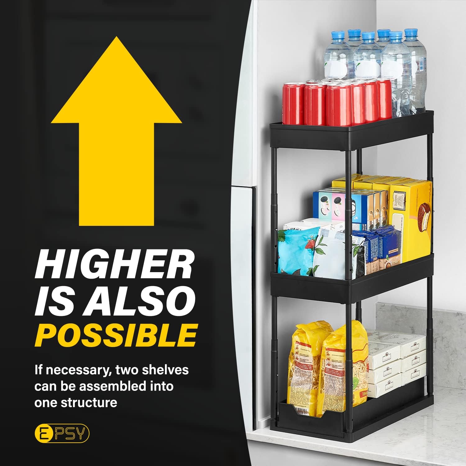 EPSY Adjustable Height Under Sink Organizers and Storage 2 pack - Sliding Drawers the Cabinet Organizer Tier Kitchen Bathroom Cups 4 Hooks, Black