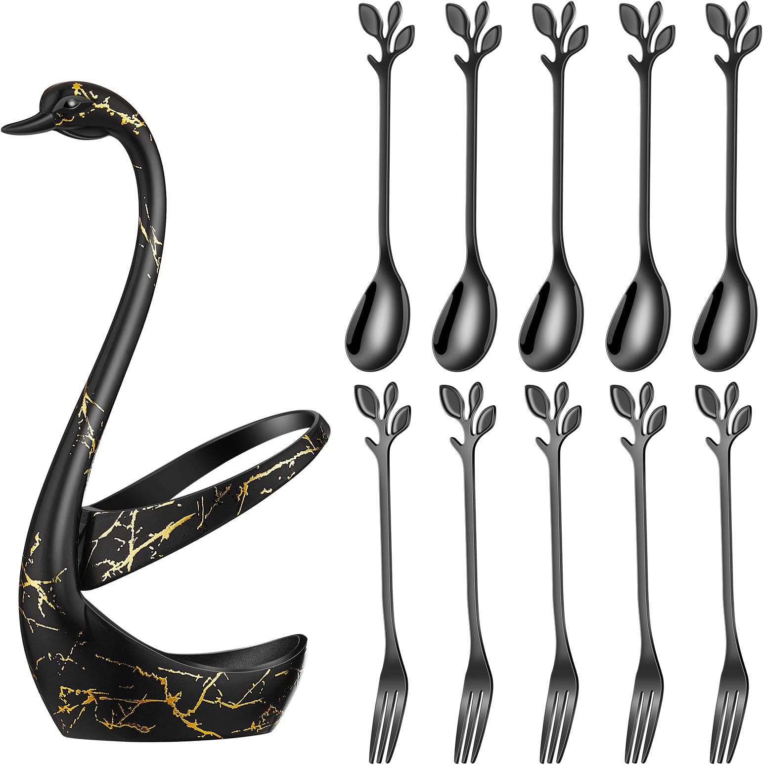 AnSaw Black Swan Base Holder Set with 10 Pcs 4.7" Mini Leaf Teaspoons & Dessert Forks - Perfect for Appetizers,Salads,Cakes,Fruits,Cocktails,Tea,Espresso - Beautify Your Charcuterie Board Layout