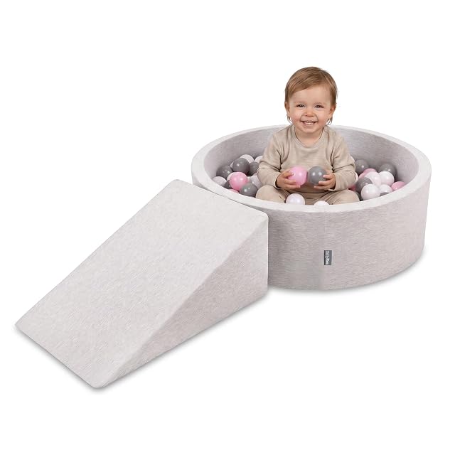 KiddyMoon Parque de Juegos de Espuma con Piscina de Bolas 90x30cm y Rampa 200 Bolas 7cm para Bebés y Niños