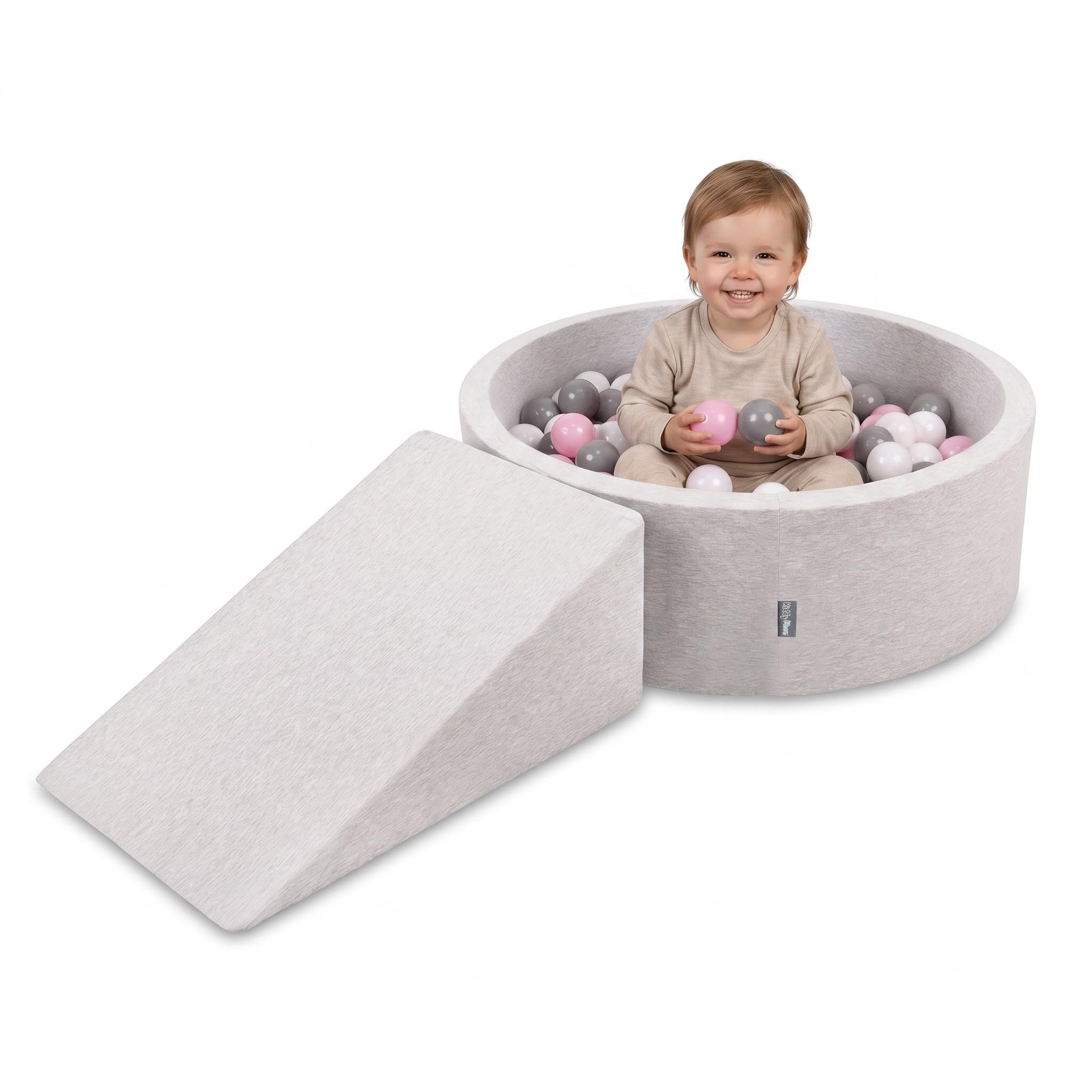 KiddyMoon Soft play set with ballpit 90x30cm and ramp 100 balls 7cm foam playground for babies and toddlers - Light grey: White Grey Powder pink — image 1
