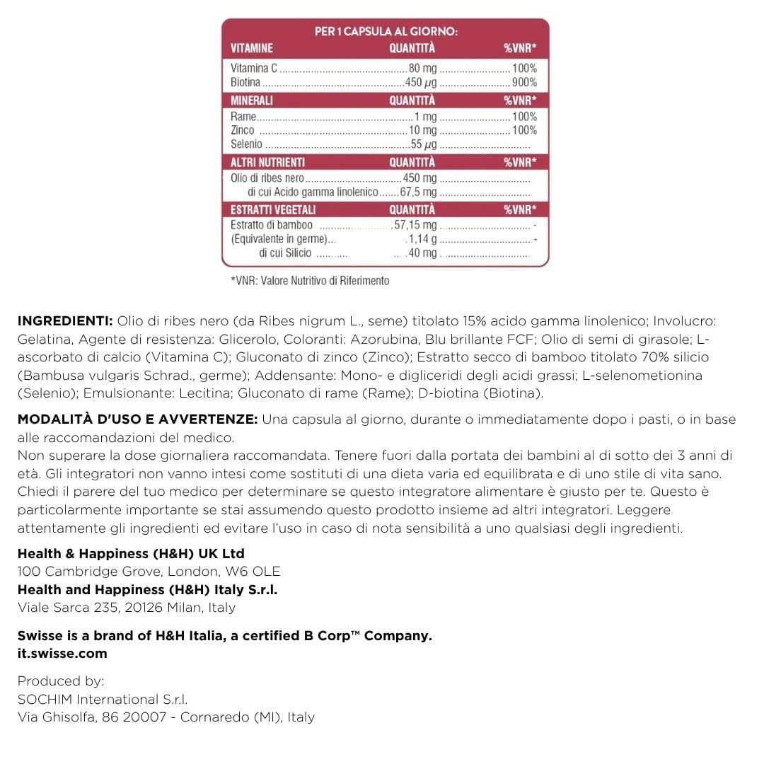 SWISSE Beauty - Integratori per Capelli Donna e Uomo con Vitamina C per Proteggere le Cellule dallo Stress Ossidativo, Integratore con Biotina e Zinco per Capelli Sani, 30 Capsule Molli, Made in Italy