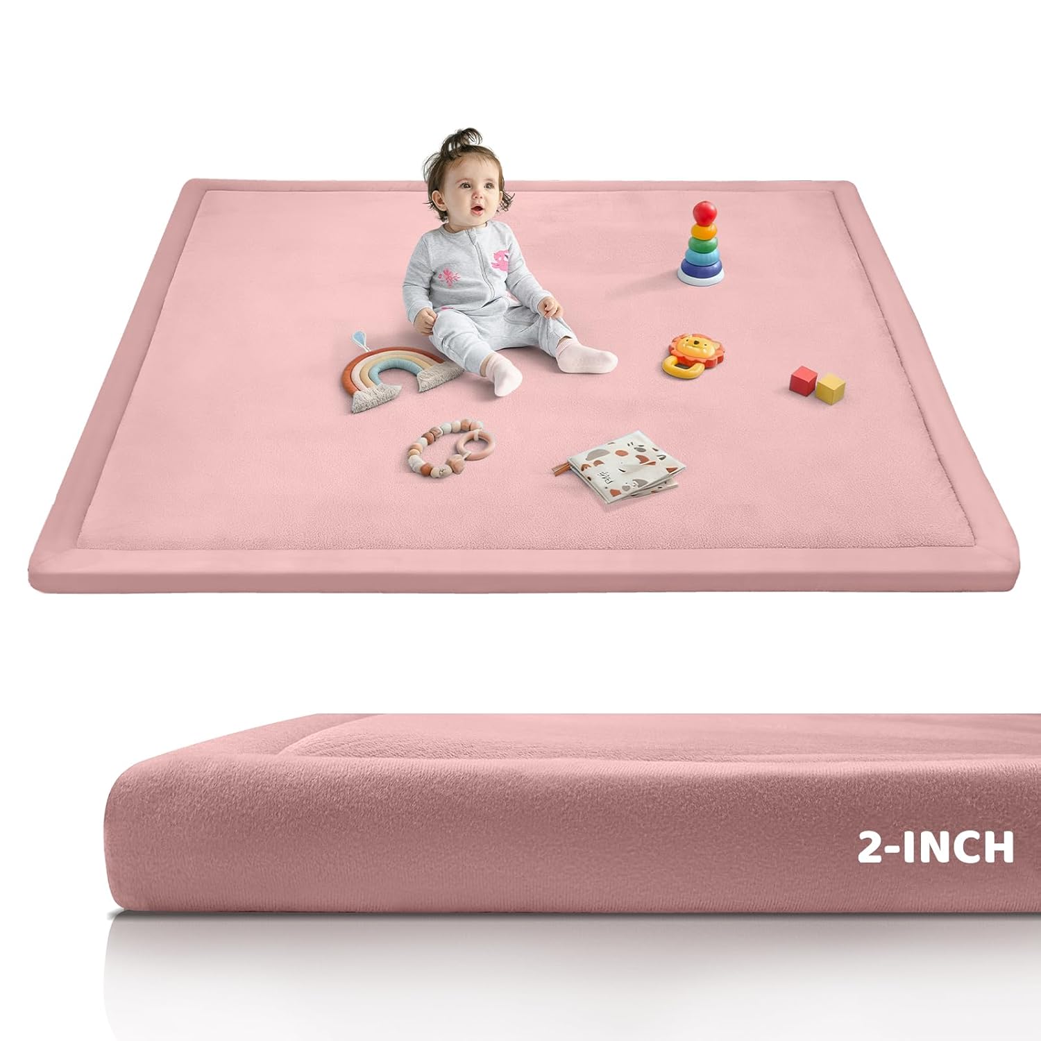 Baby Floor Mat, 2-Inch Extra Thick Playmat for Baby, 59"x39" Large Tummy Time with Powder-Free Memory Foam, Water-Resistant Flannel Cover Non-Slip Crawling Mat for Infants Toddlers, Navy Blue